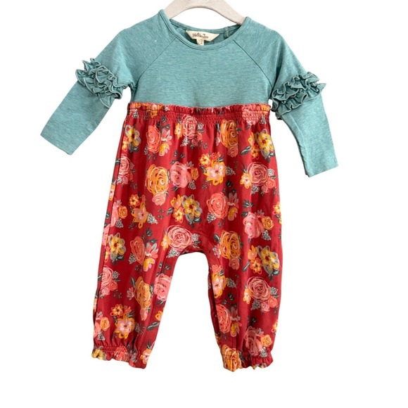 Matilda Jane Other - Matilda Jane Floral Romper Kids 6-12M Teal Red Ruffle Sleeve Long Sleeve